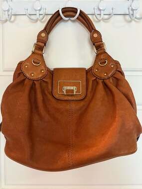 Antonio Melani Brown Leather Pleated Hobo Handbag with Gold Hardware